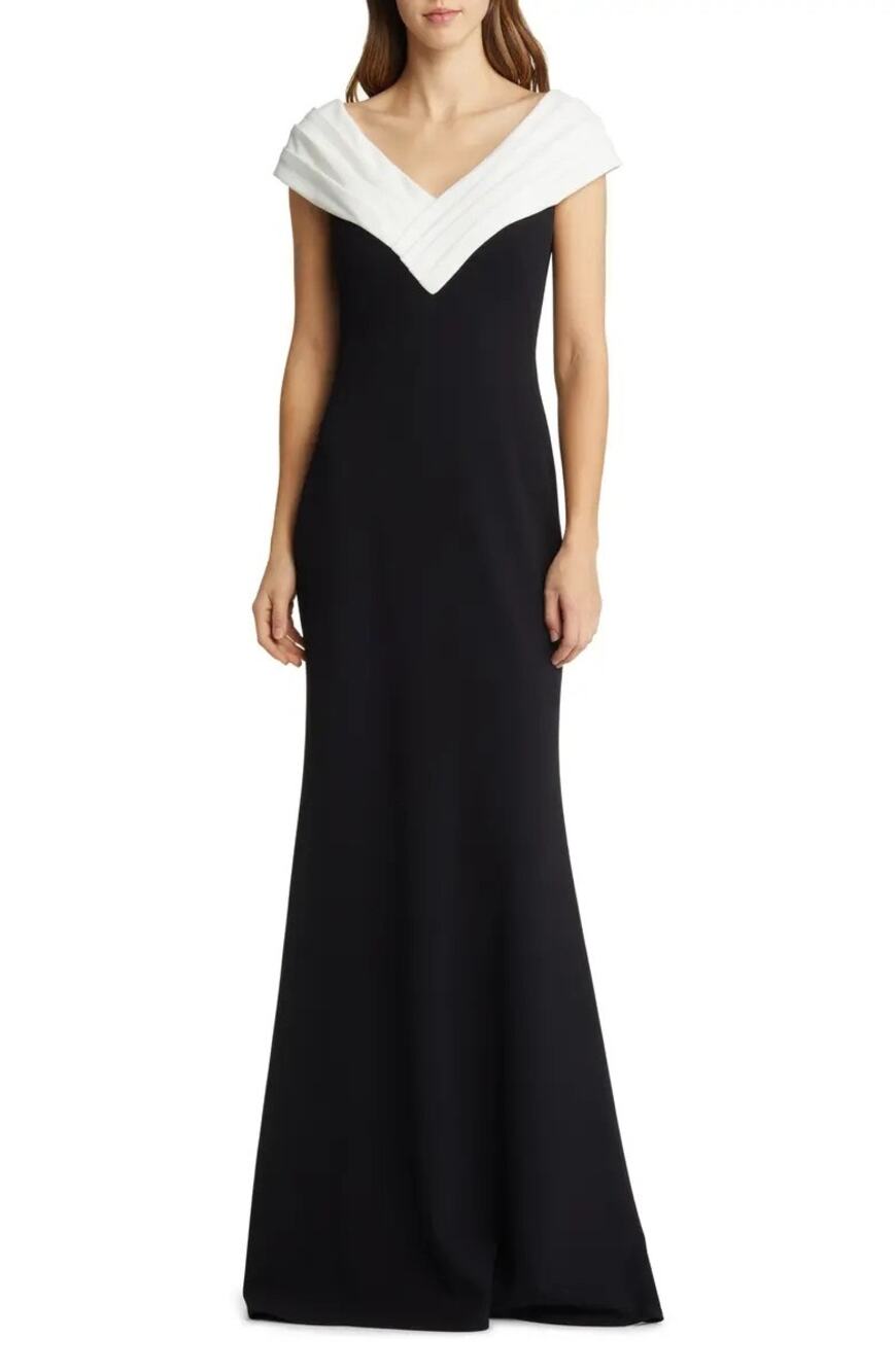 Tadashi Shoji Black White Two-Tone Portrait V-Neck Formal Evening Gown Size S